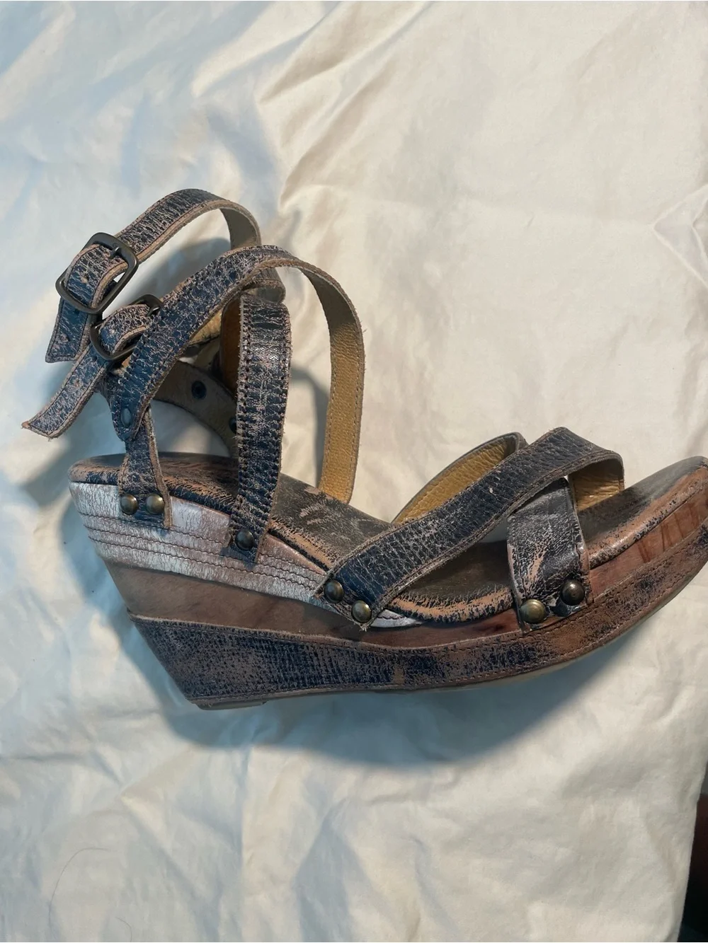 BED|STU Distressed Brown Multi-Strap Wedge Sandals